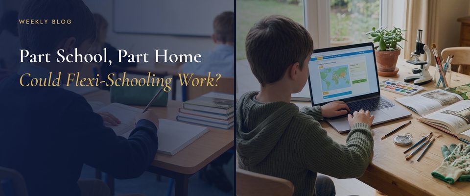 A boy working at a classroom desk alongside the same boy learning at a kitchen table at home