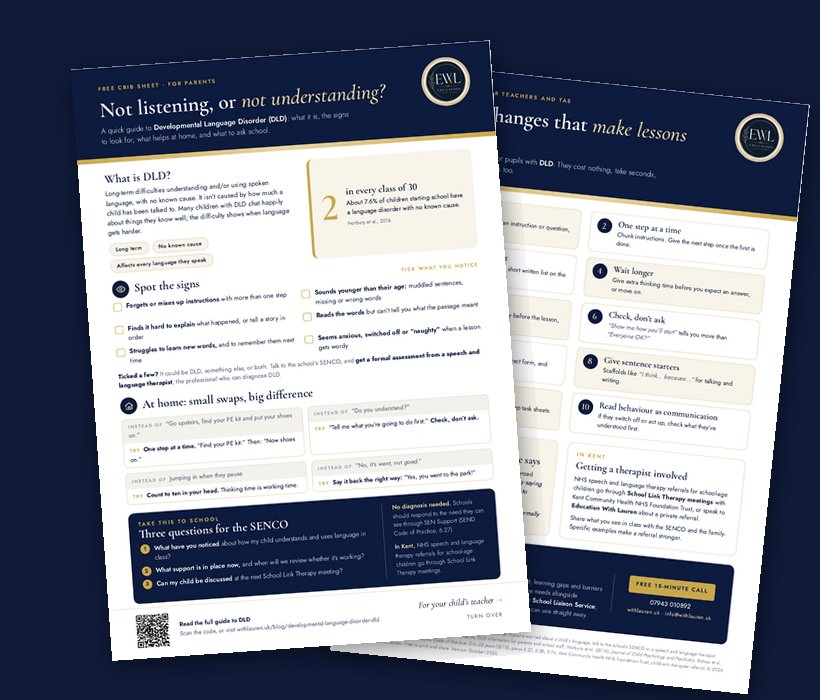 Preview of the two-page DLD crib sheet for parents and teachers