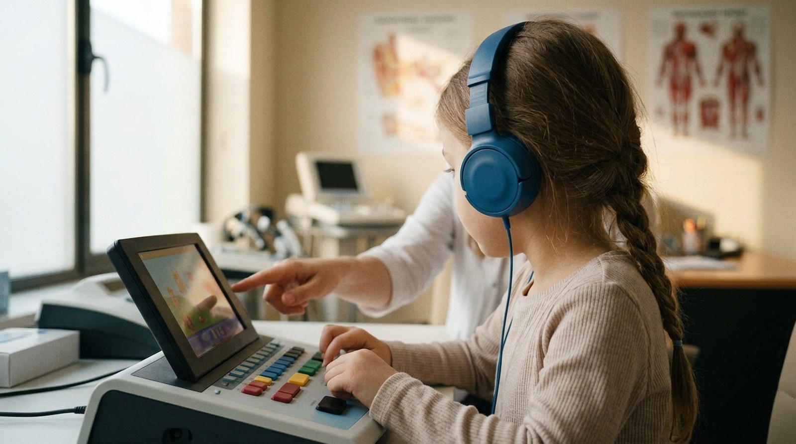 A child wearing headphones during an audiology assessment