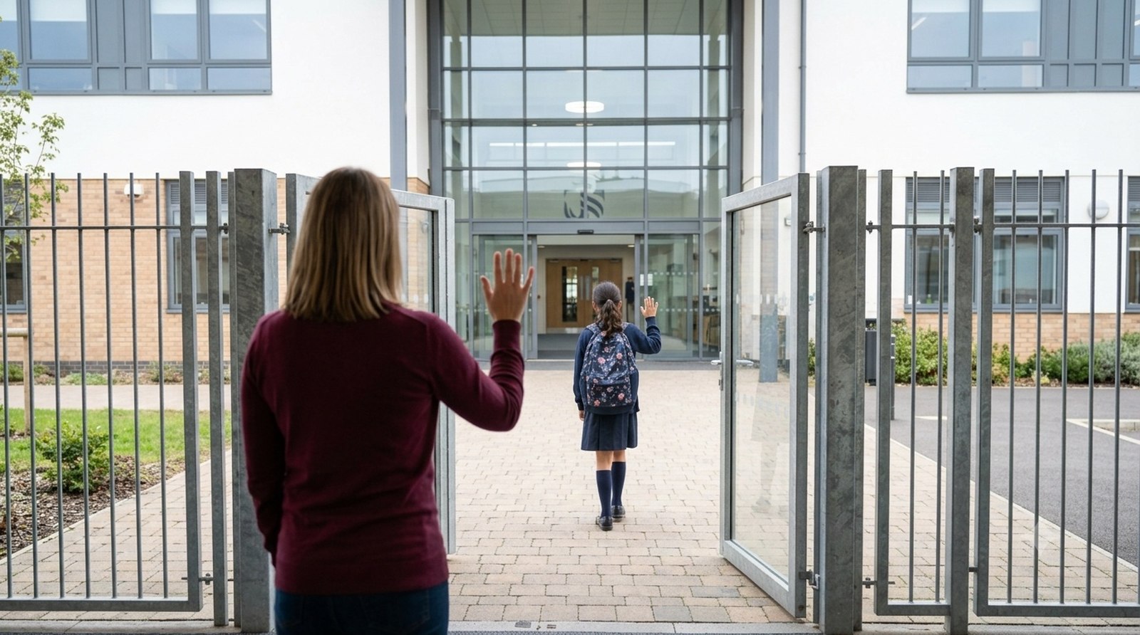 A mother waves her daughter into school — what's changed for SEND families this September