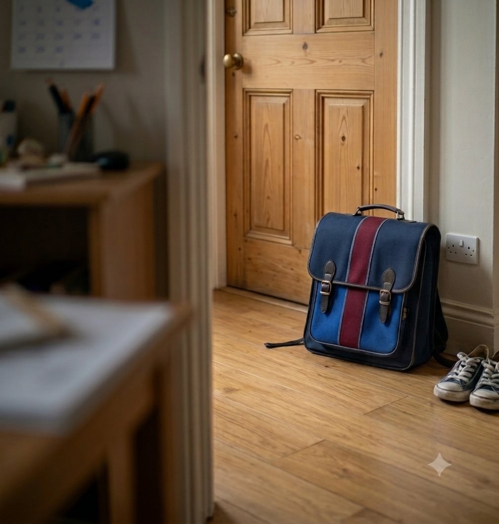 A school bag left by the front door — a common sight for families dealing with emotionally based school avoidance