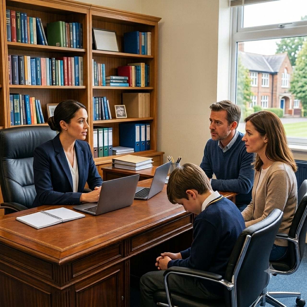 Family in a school meeting — new DfE data on SEND pupils and school exclusions