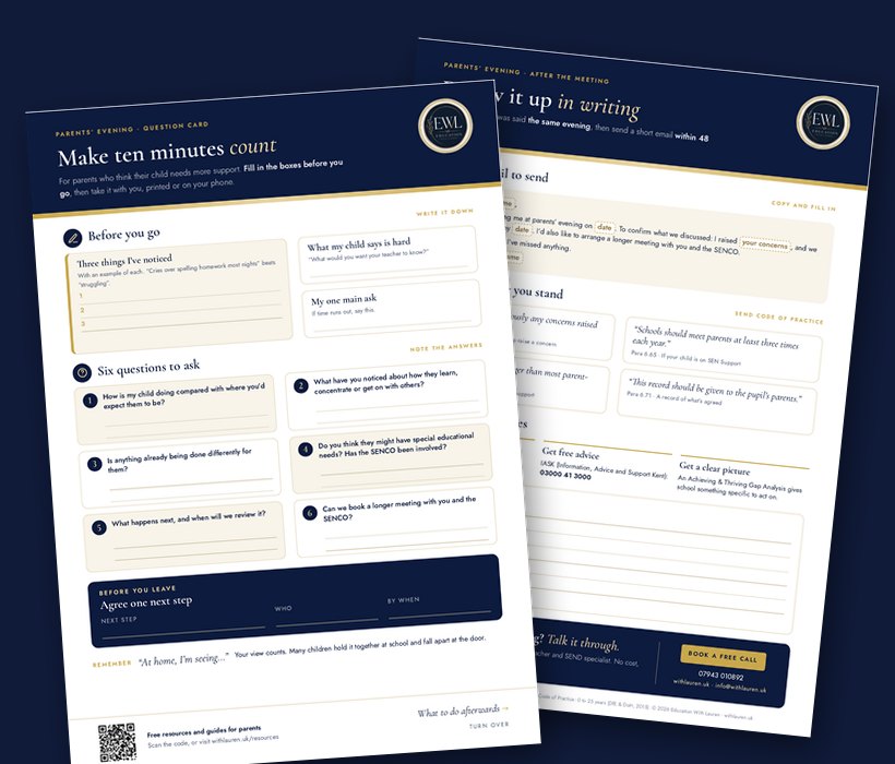Preview of the two-page Parents&rsquo; Evening Question Card